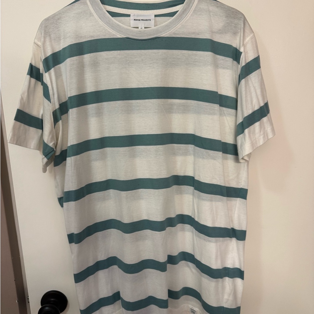 Norse Projects White and Teal Striped Short Sleeve Tee